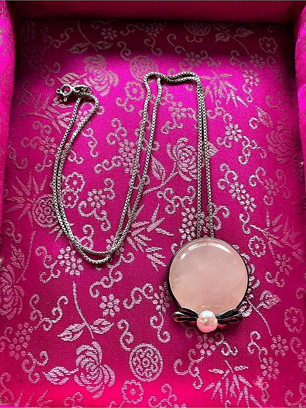 Sterling 925 Rose Quartz & Pearl Pink Pendant Necklace